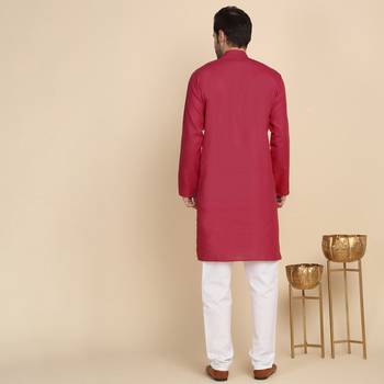 Cotton blend solid denim red kurta with pyjamas 3