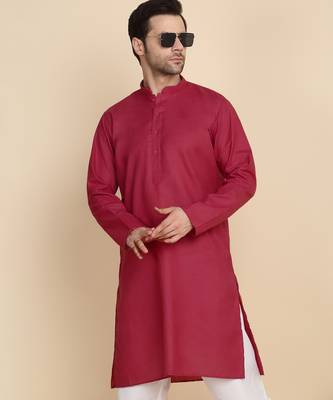 Cotton blend solid denim red kurta with pyjamas 4
