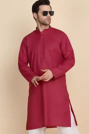 Cotton blend solid denim red kurta with pyjamas
