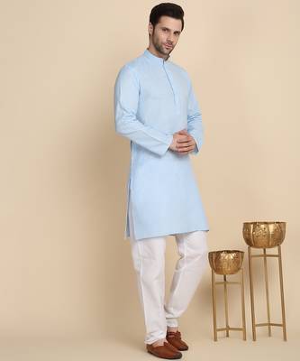 Cotton blend solid denim sky blue kurta with pyjamas 1