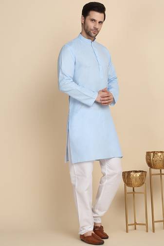 Cotton blend solid denim sky blue kurta with pyjamas