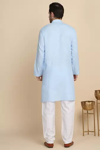 Cotton blend solid denim sky blue kurta with pyjamas