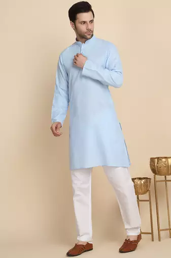 Cotton blend solid denim sky blue kurta with pyjamas