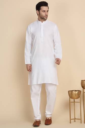 Cotton blend solid denim white kurta with pyjamas