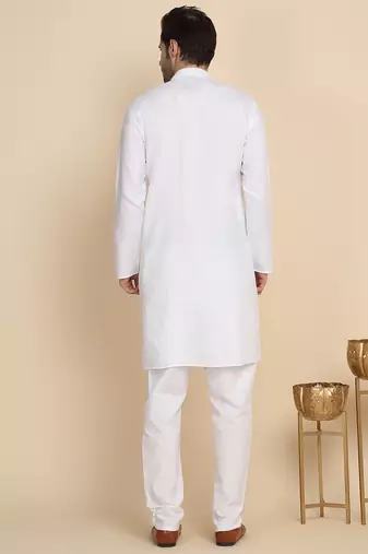 Cotton blend solid denim white kurta with pyjamas