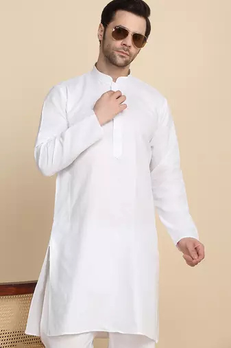 Cotton blend solid denim white kurta with pyjamas