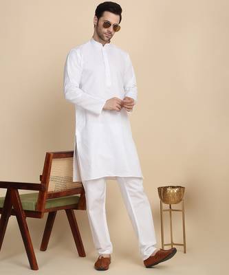 Cotton blend solid denim white kurta with pyjamas 5