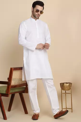 Cotton blend solid denim white kurta with pyjamas