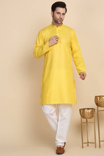 Cotton blend solid denim yellow kurta with pyjamas