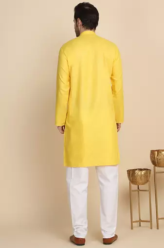 Cotton blend solid denim yellow kurta with pyjamas