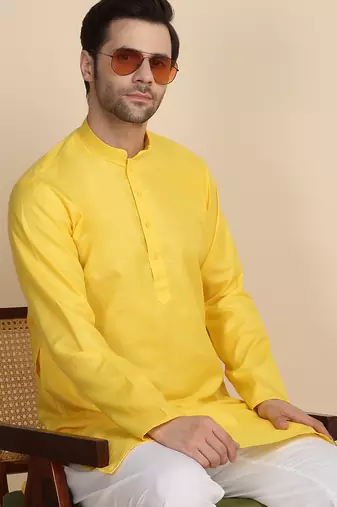 Cotton blend solid denim yellow kurta with pyjamas