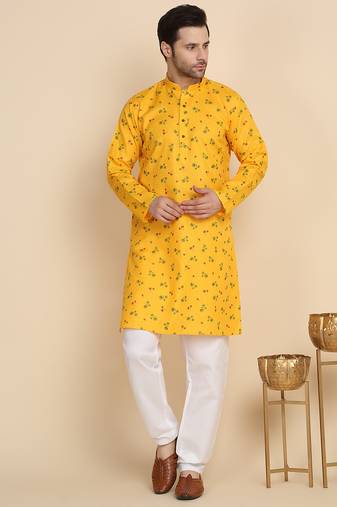 Floral printed cotton blend yellow kurta with pyjamas