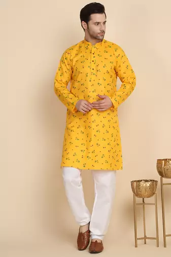 Floral printed cotton blend yellow kurta with pyjamas