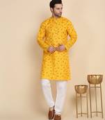 Floral printed cotton blend yellow kurta with pyjamas