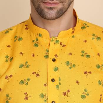Floral printed cotton blend yellow kurta with pyjamas 2