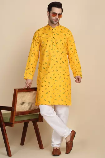 Floral printed cotton blend yellow kurta with pyjamas