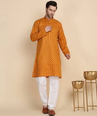 Floral printed cotton blend Orange kurta with pyjamas 1