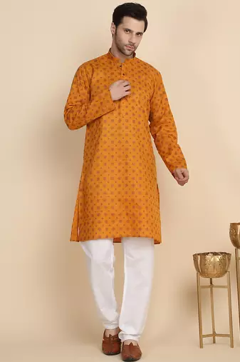 Floral printed cotton blend Orange kurta with pyjamas