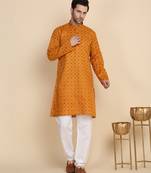 Floral printed cotton blend Orange kurta with pyjamas