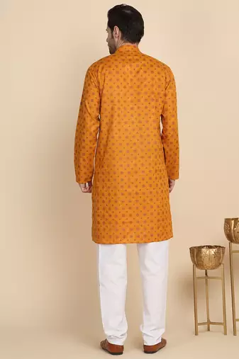 Floral printed cotton blend Orange kurta with pyjamas