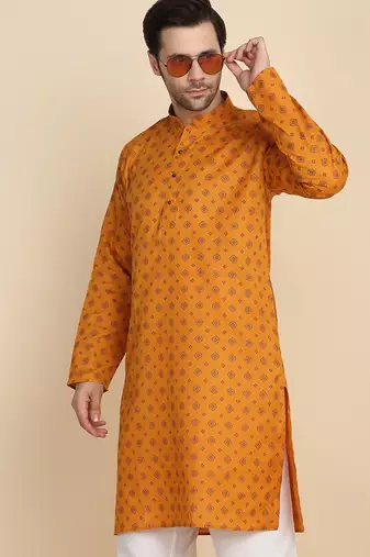 Floral printed cotton blend Orange kurta with pyjamas