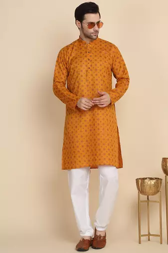 Floral printed cotton blend Orange kurta with pyjamas