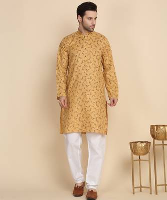 Floral printed cotton blend beige kurta with pyjamas 1