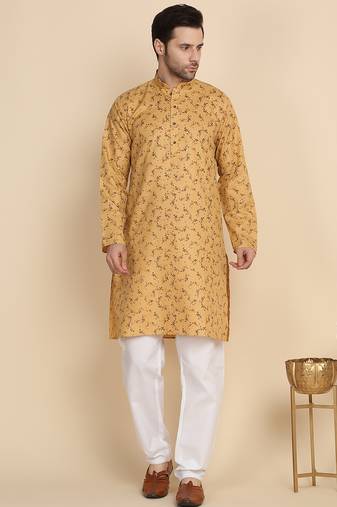 Floral printed cotton blend beige kurta with pyjamas