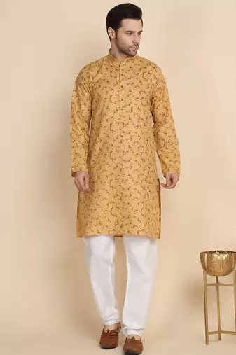 Floral printed cotton blend beige kurta with pyjamas