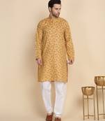 Floral printed cotton blend beige kurta with pyjamas