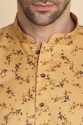 Floral printed cotton blend beige kurta with pyjamas