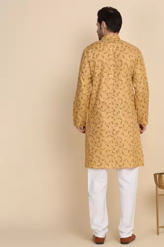 Floral printed cotton blend beige kurta with pyjamas