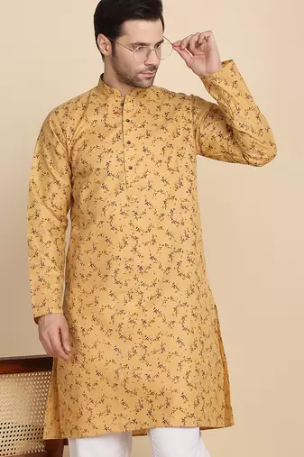 Floral printed cotton blend beige kurta with pyjamas