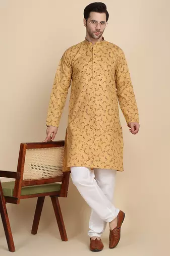 Floral printed cotton blend beige kurta with pyjamas