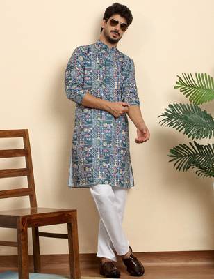 Cotton blend geometric printed blue kurta with pyjamas 1