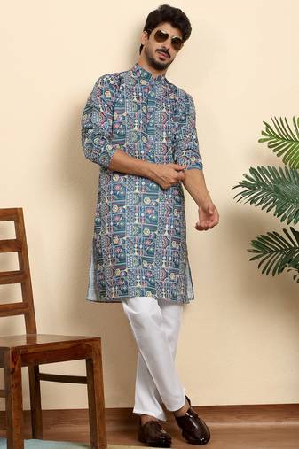Cotton blend geometric printed blue kurta with pyjamas