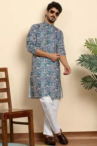 Cotton blend geometric printed blue kurta with pyjamas