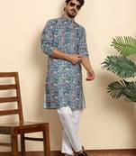 Cotton blend geometric printed blue kurta with pyjamas