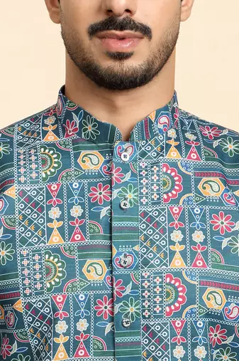 Cotton blend geometric printed blue kurta with pyjamas