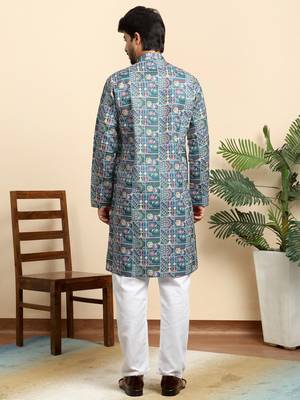 Cotton blend geometric printed blue kurta with pyjamas 3