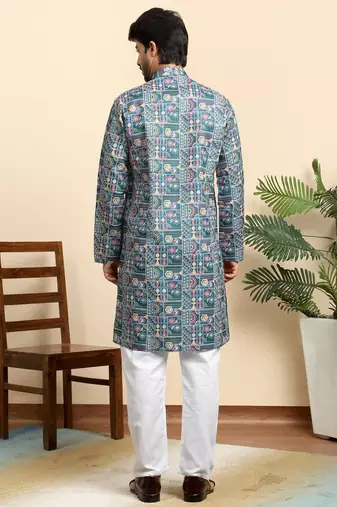 Cotton blend geometric printed blue kurta with pyjamas