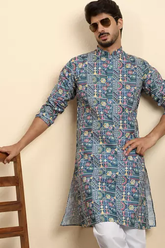 Cotton blend geometric printed blue kurta with pyjamas