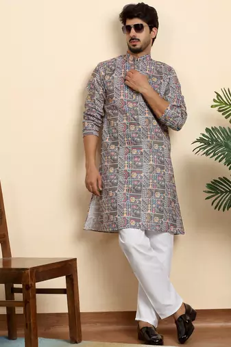 Cotton blend geometric printed grey kurta with pyjamas