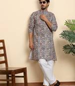 Cotton blend geometric printed grey kurta with pyjamas