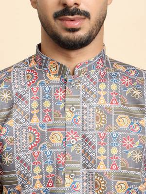 Cotton blend geometric printed grey kurta with pyjamas 2