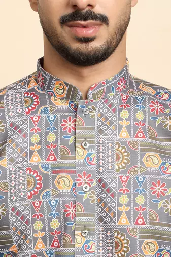 Cotton blend geometric printed grey kurta with pyjamas