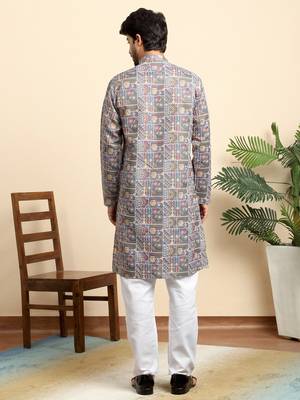Cotton blend geometric printed grey kurta with pyjamas 3