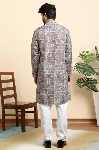 Cotton blend geometric printed grey kurta with pyjamas