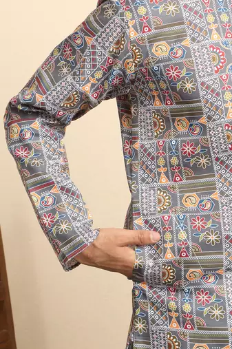 Cotton blend geometric printed grey kurta with pyjamas