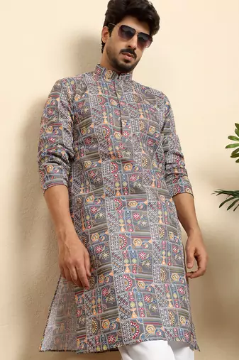 Cotton blend geometric printed grey kurta with pyjamas